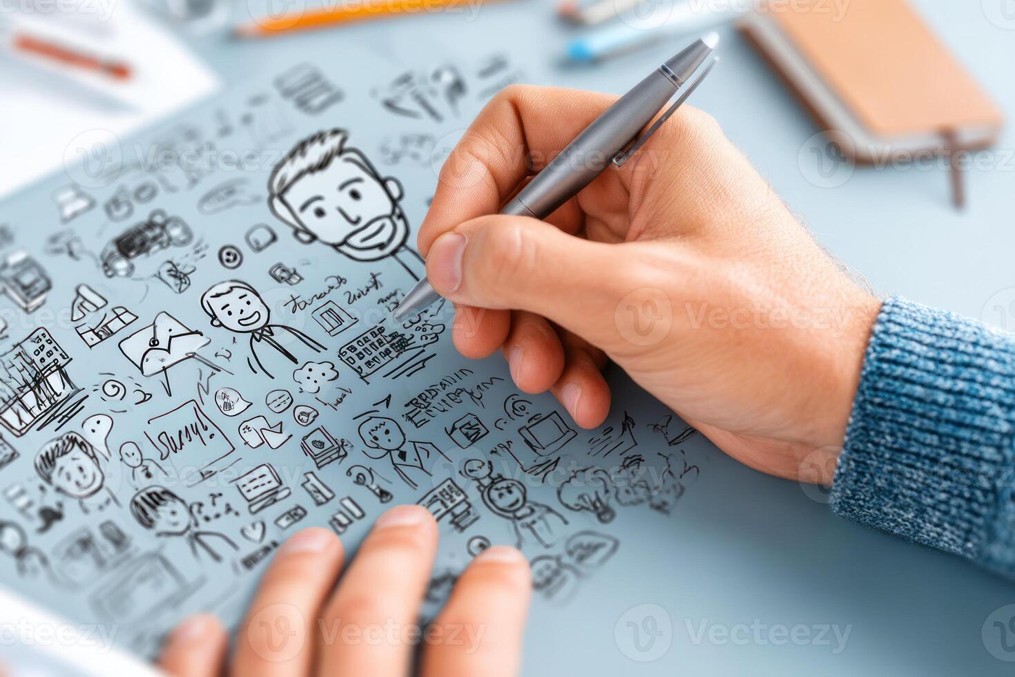 person sketching creative doodles on notebook, surrounded by pens and stationery, expressing imagination and design photo