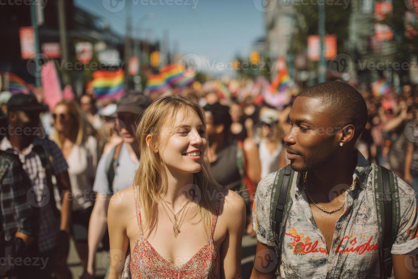 joyful crowd celebrates pride month with colorful flags and unity on sunny day in city photo