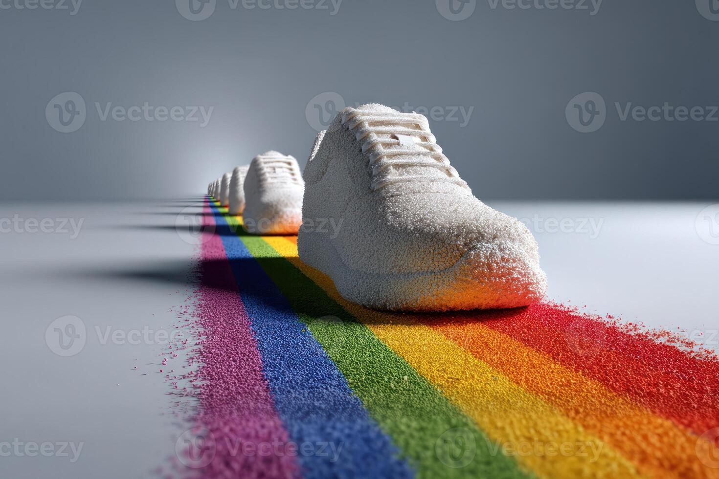 White sneakers walking on vibrant rainbow path symbolizing pride and unity for month celebration photo