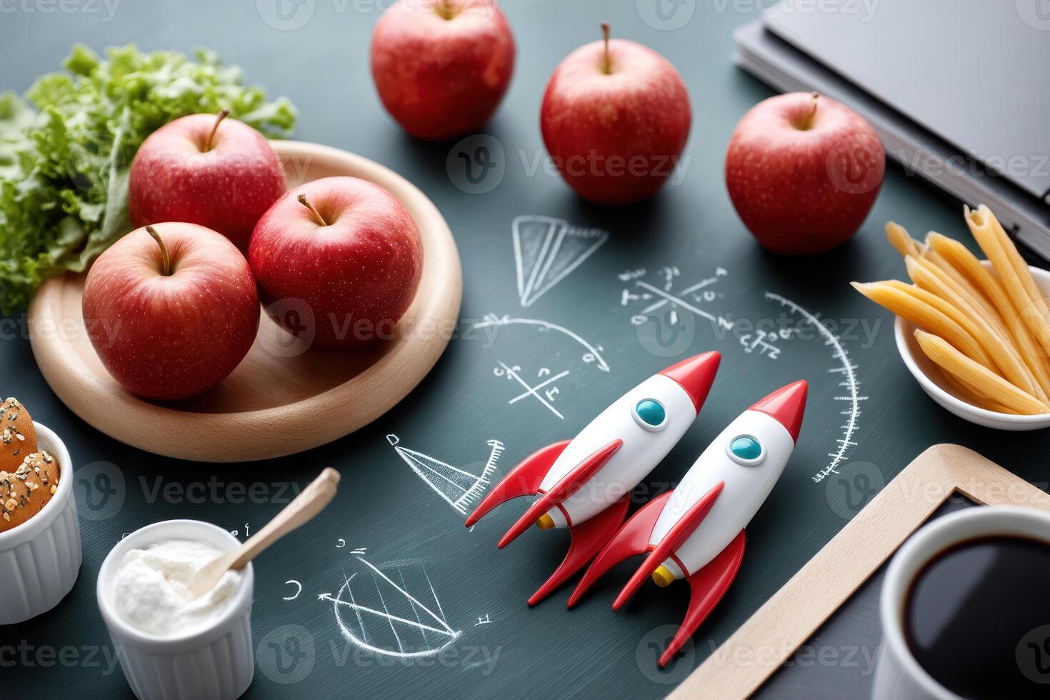 Fresh apples and educational tools on chalkboard with math diagrams and toy rockets inspire learning photo