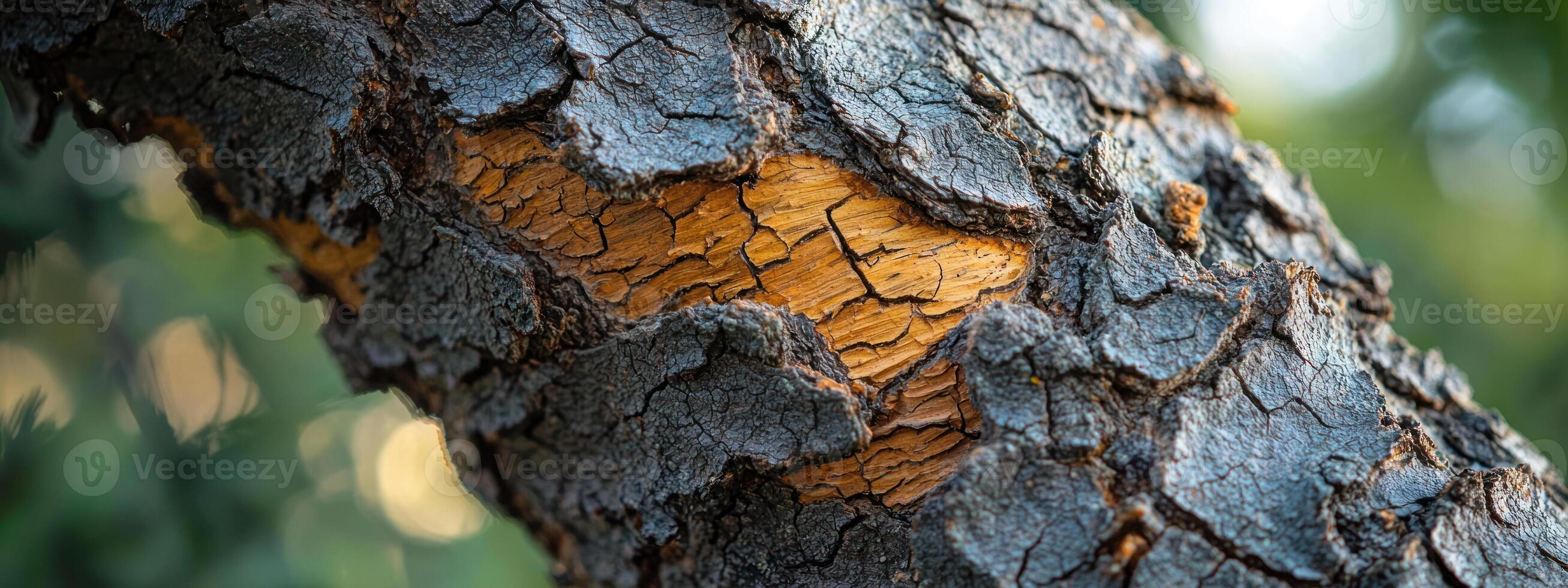 close up of tree trunk with textured bark revealing vibrant orange inner layer, surrounded by lush greenery and soft natural light photo