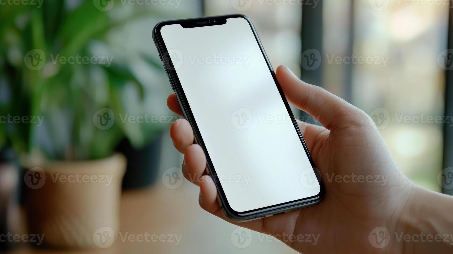 person holding modern smartphone with blank white screen, set against blurred indoor background with natural light and potted plant photo
