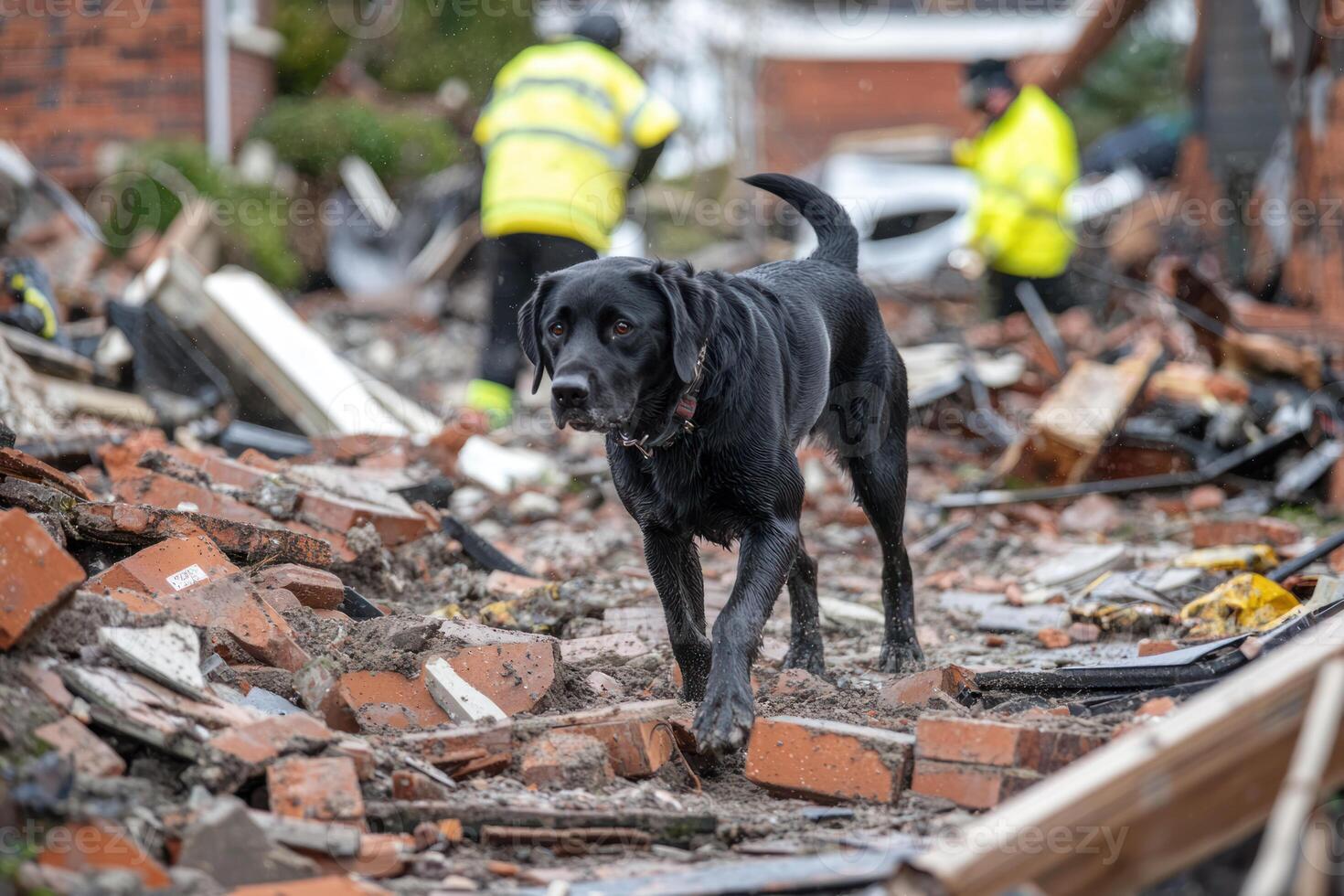 heroic rescue dog searches through earthquake rubble, aiding responders in locating survivors amidst devastation photo