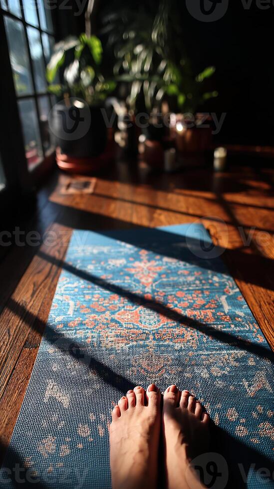 serene yoga session on patterned mat with sunlight streaming through window, surrounded by indoor plants photo