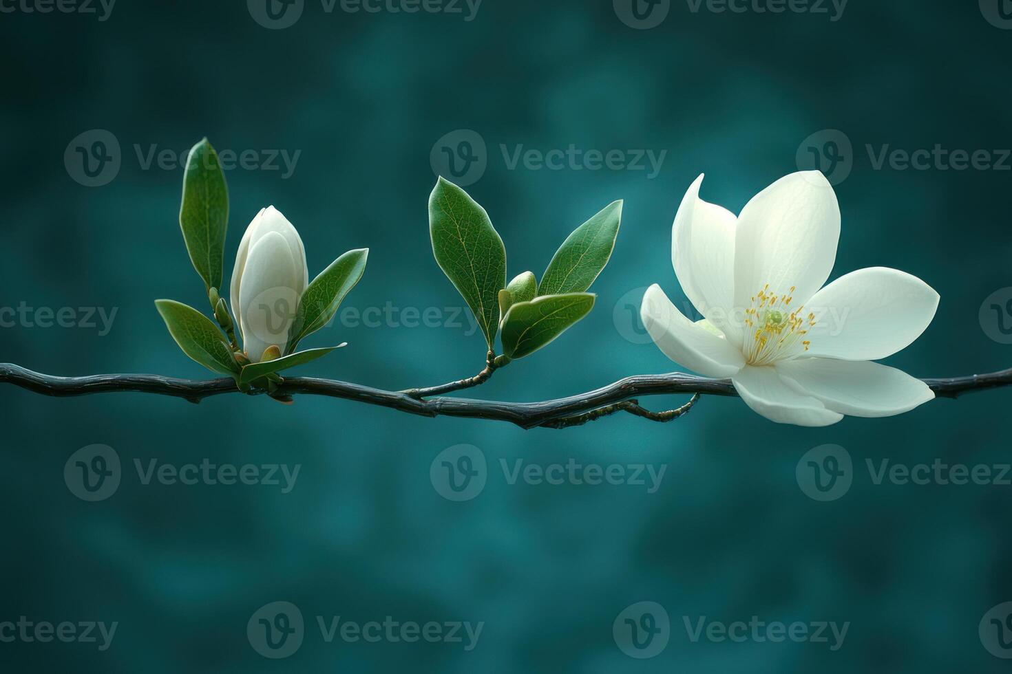 delicate white magnolia flower and buds on branch with vibrant green leaves, set against serene teal background, evoke sense of tranquility photo