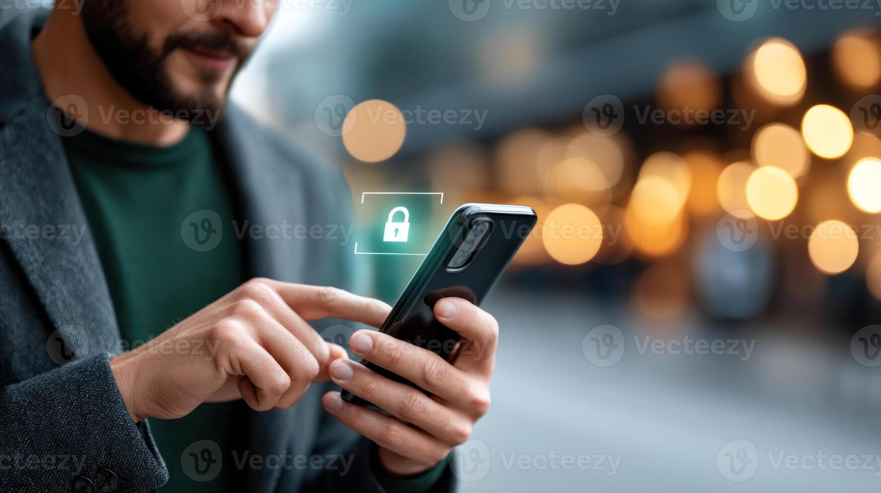 man using smartphone with secure API connection overlay, symbolizing mobile banking and data protection photo