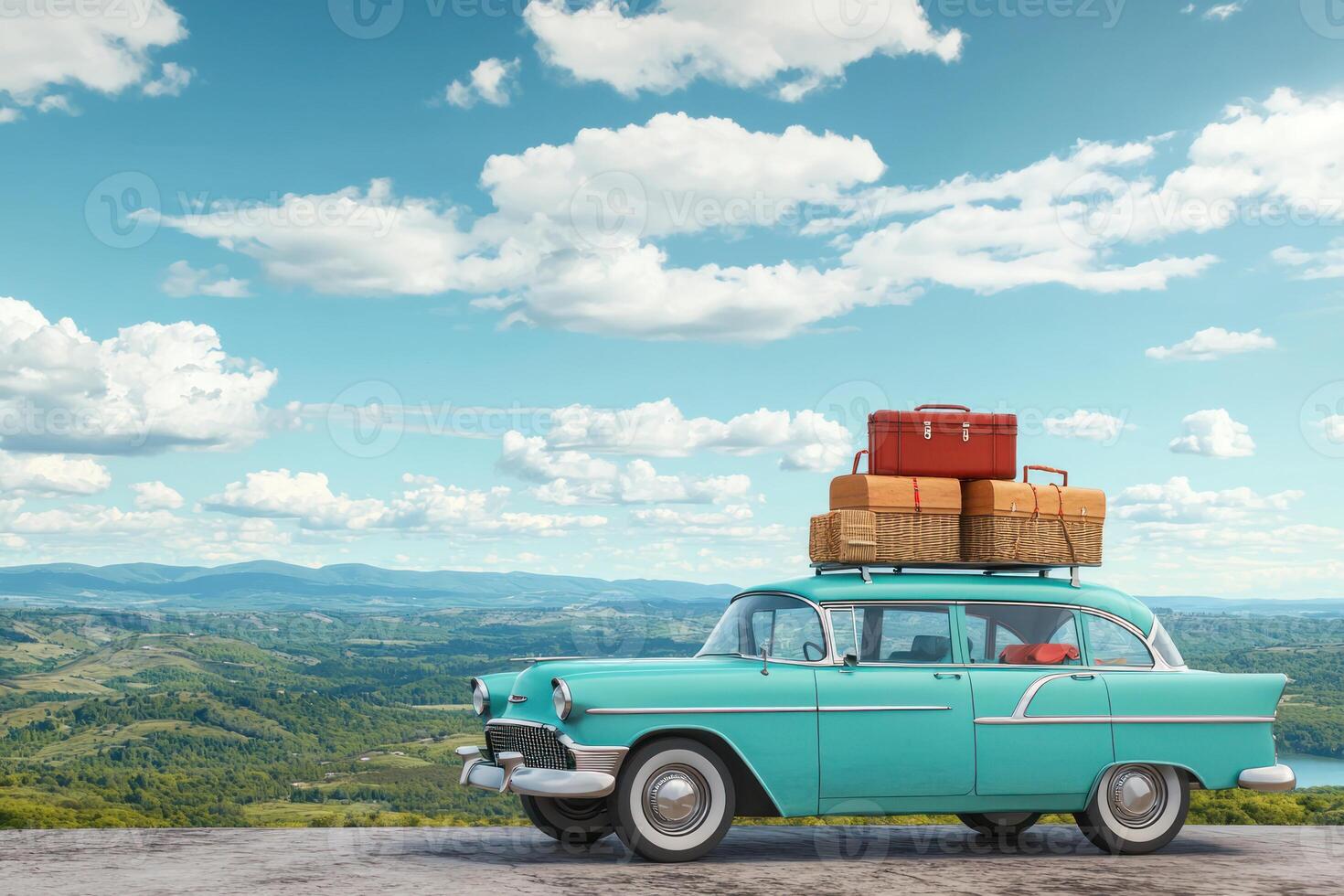 vintage turquoise car with roof rack loaded with suitcases and picnic baskets, parked by scenic countryside viewpoint photo