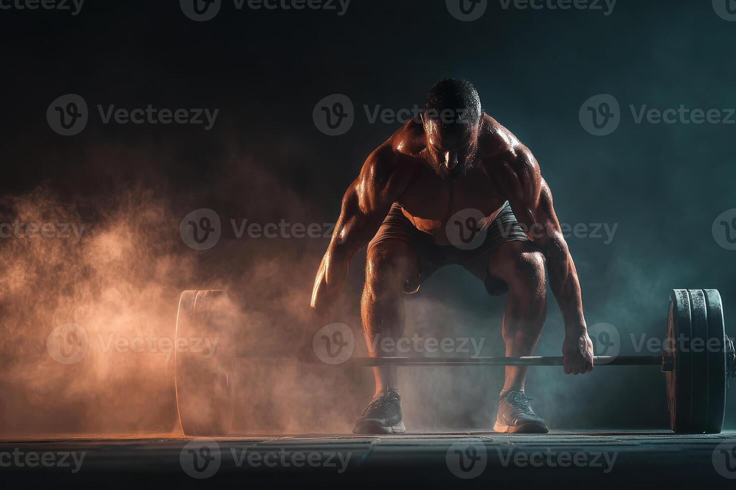 muscular man performing deadlift under dramatic lighting, with dust and smoke creating intense atmosphere photo