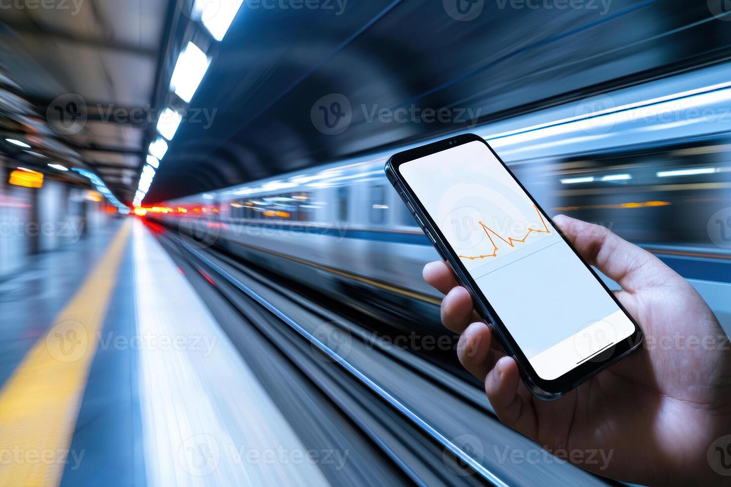 Hand holding smartphone displaying train tracking app while high speed train rushes by, creating sense of urgency photo