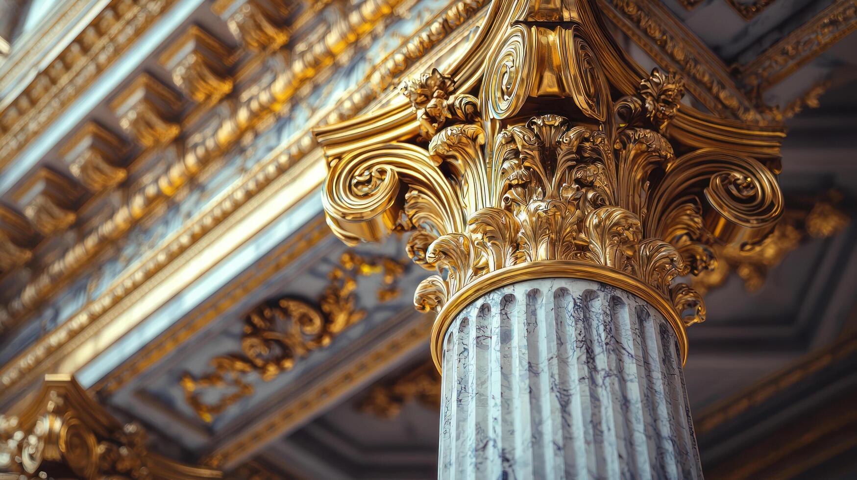 ornate marble column with intricate golden Corinthian capital details, showcasing luxurious classical architecture photo