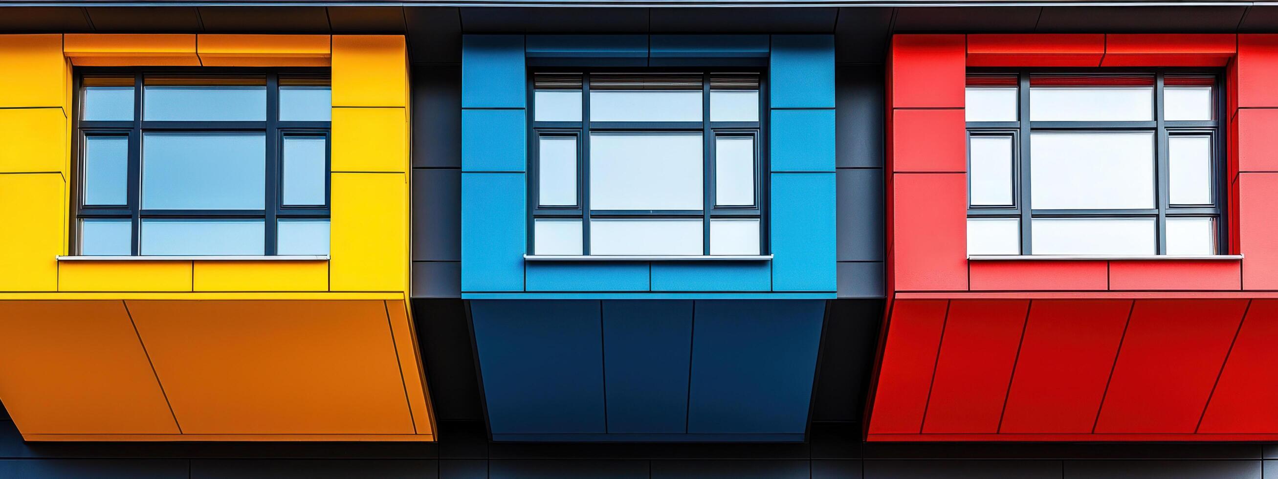 Colorful geometric windows in modern Bauhaus inspired building create vibrant and dynamic architectural design photo