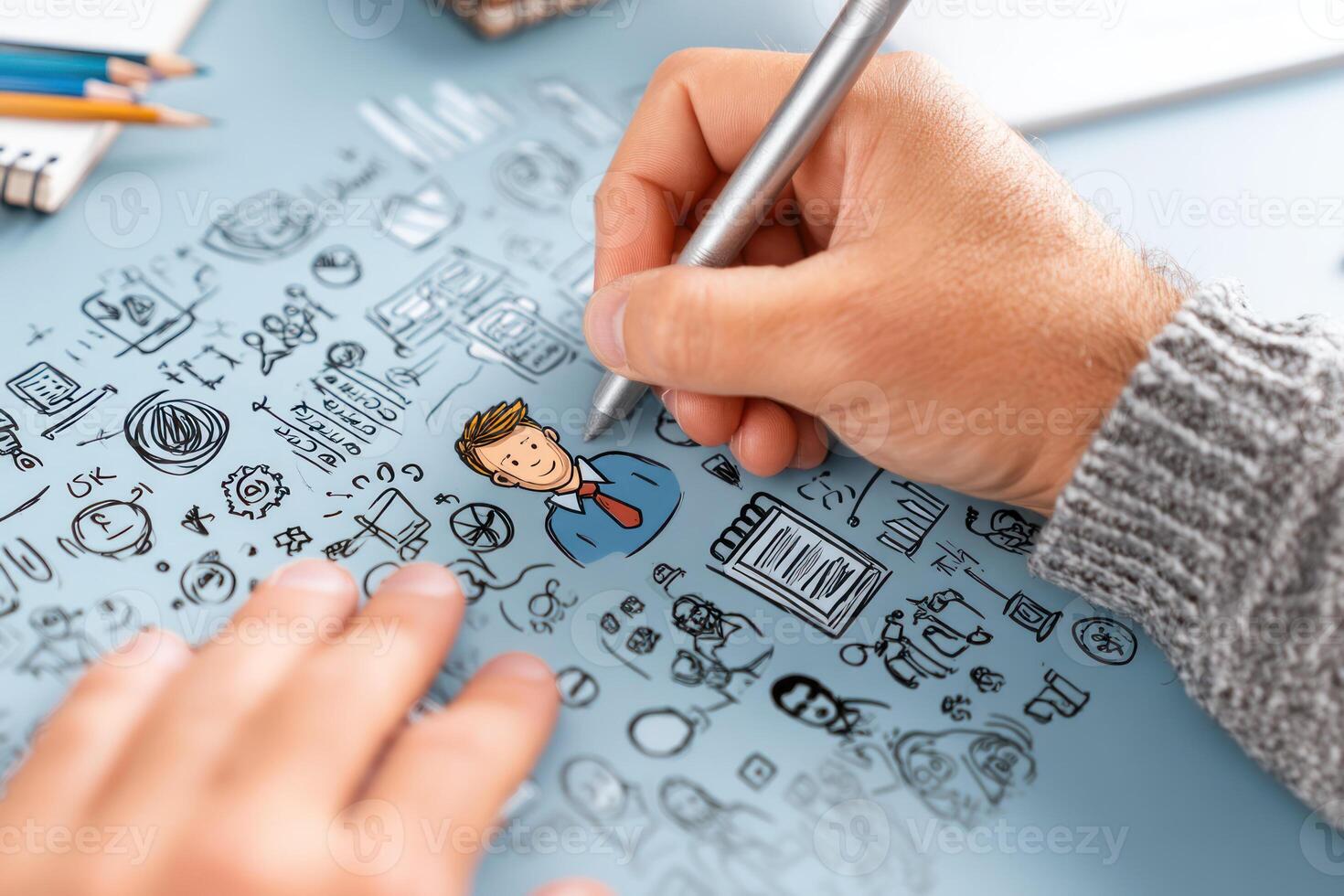 mentor is guiding young professional with pen and notebook, surrounded by icons representing skills, success, and personal photo