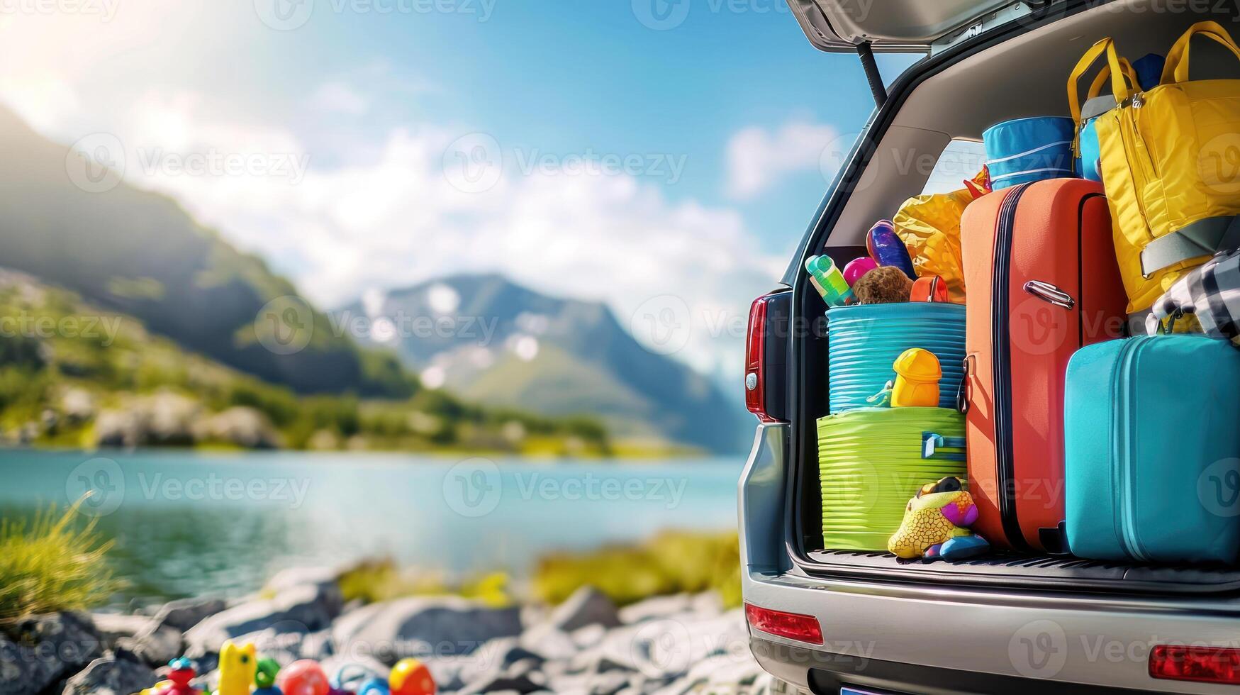 lively family road trip moment with car trunk packed with colorful luggage, toys, and hiking gear, set against beautiful lake photo