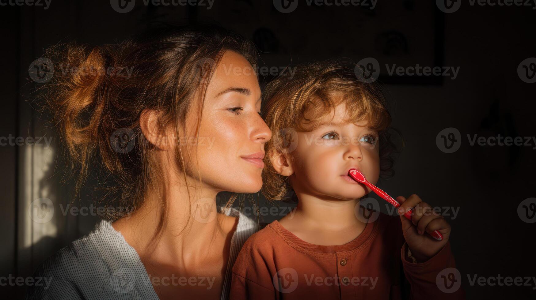 mother and child share moment of joy while focusing on healthcare routines like brushing teeth photo