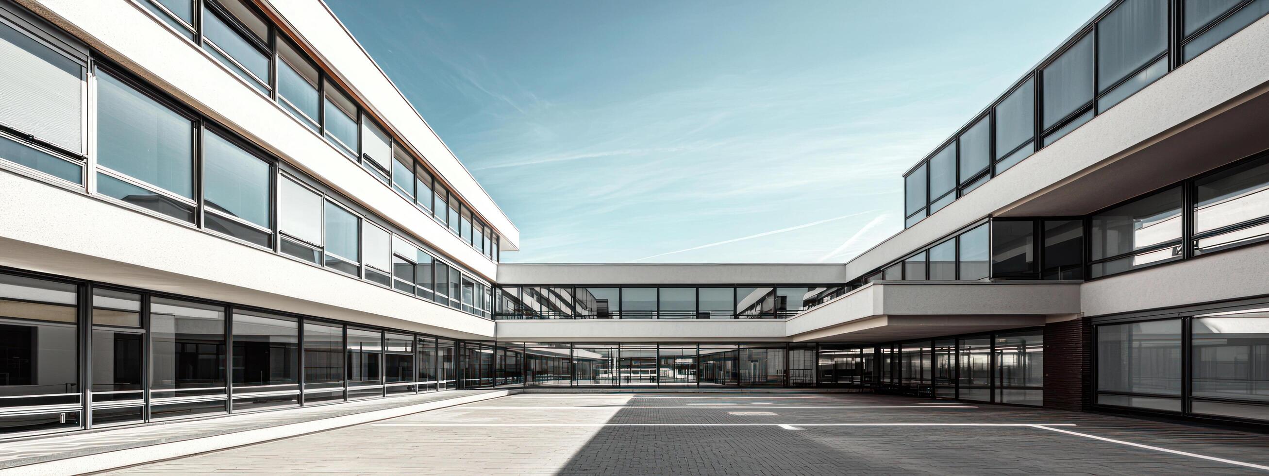 Modern Bauhaus inspired architecture with clean lines, large glass windows, and spacious courtyard under clear sky photo