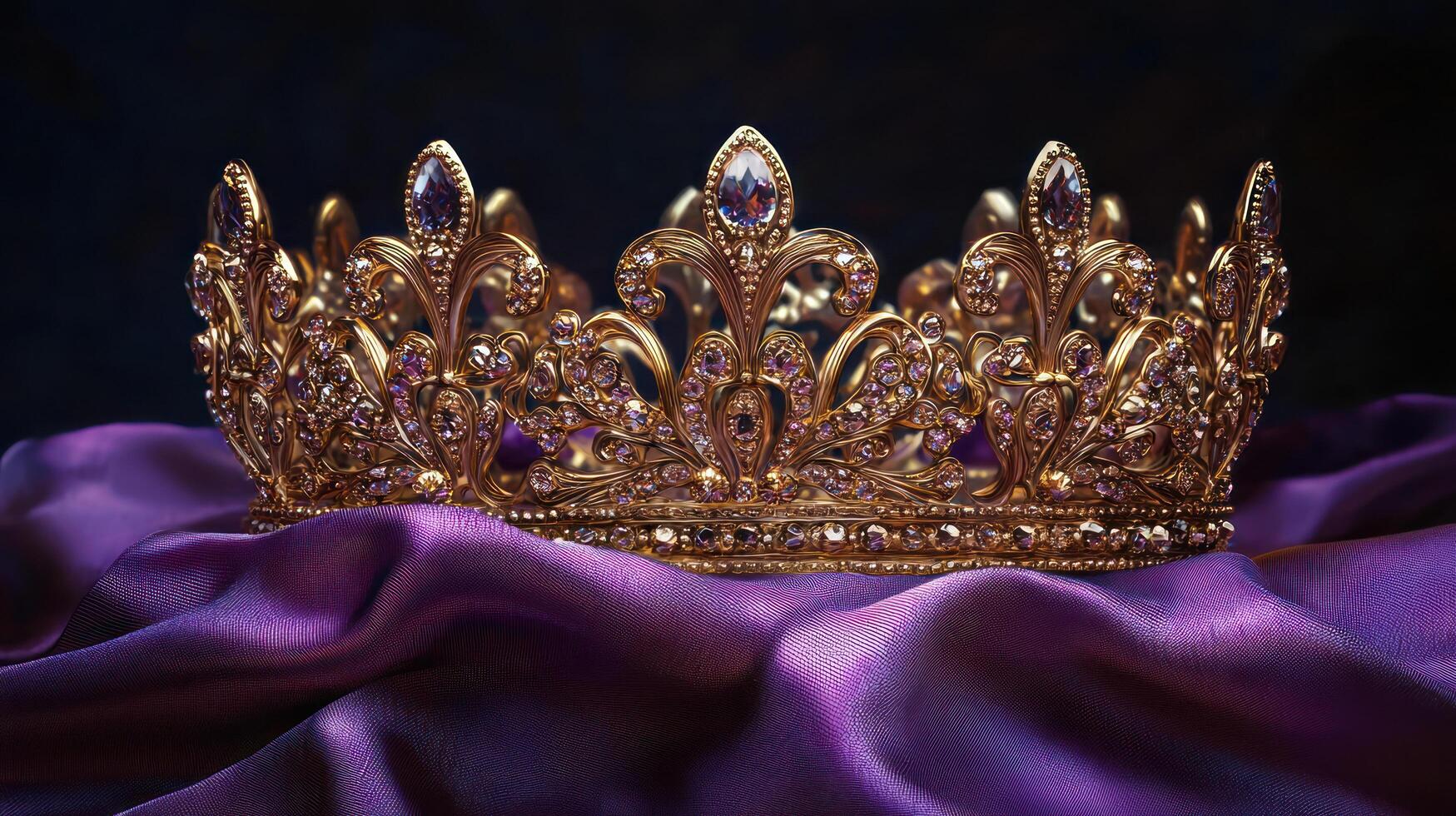 ornate golden crown adorned with intricate details and gemstones rests elegantly on luxurious purple fabric photo
