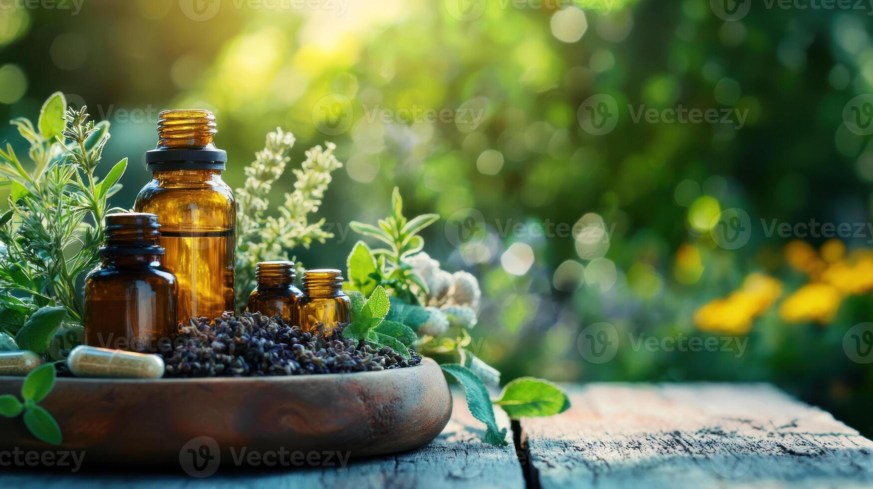 Natural herbal remedies for health and well being, featuring essential oils, dried herbs, and capsules in serene outdoor setting photo