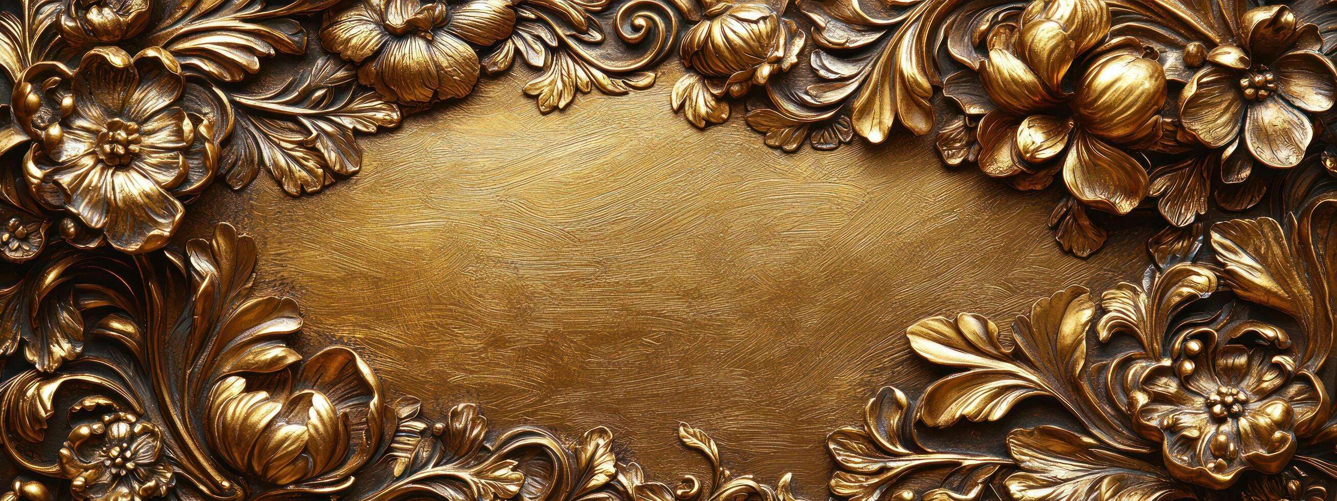 Ornate golden floral frame with intricate details and textured background, exuding elegance and luxury photo