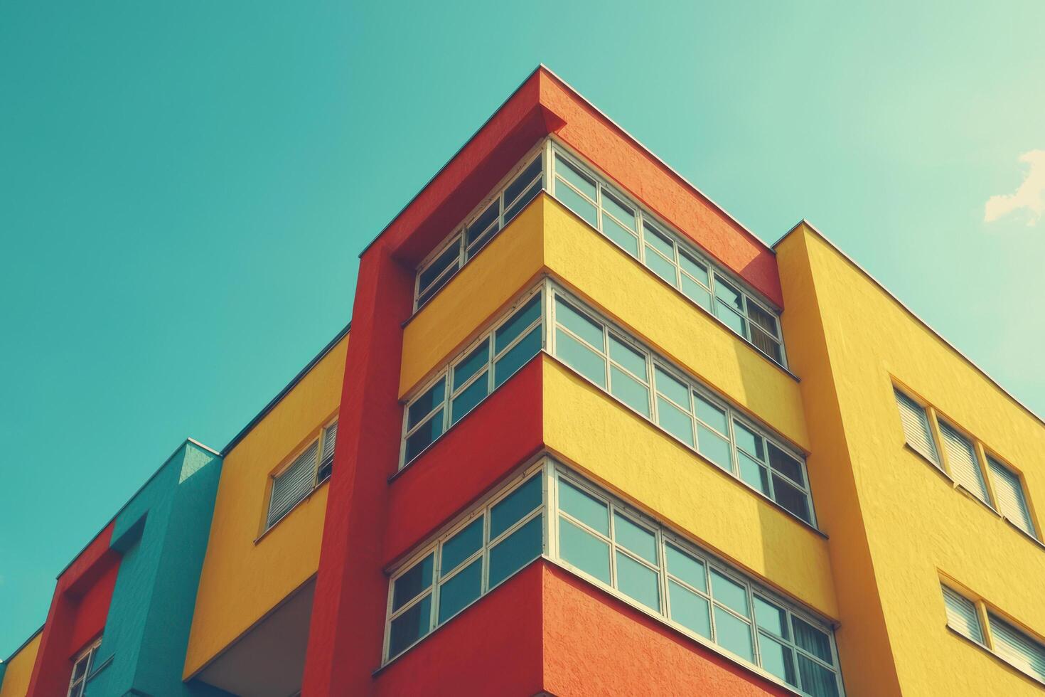 vibrant Bauhaus inspired building with bold geometric shapes and vivid colors under clear blue sky photo