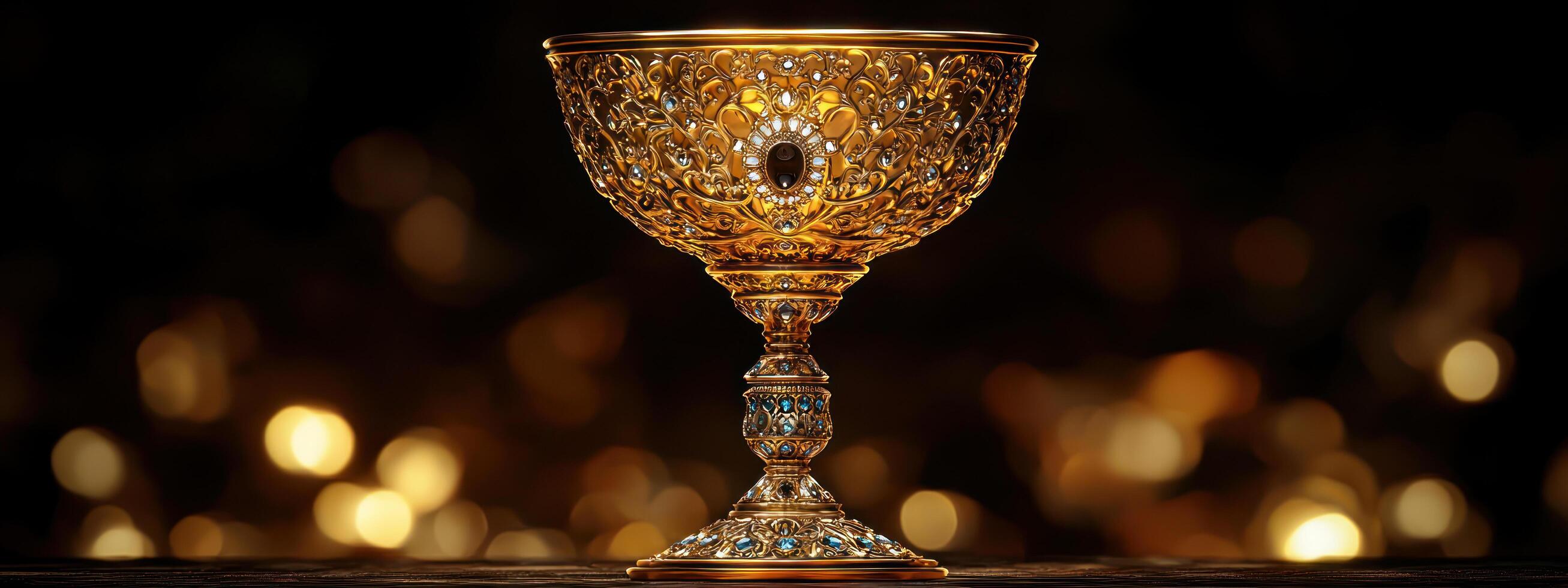 ornate golden chalice adorned with intricate patterns and gemstones, glowing warmly against blurred golden bokeh background photo