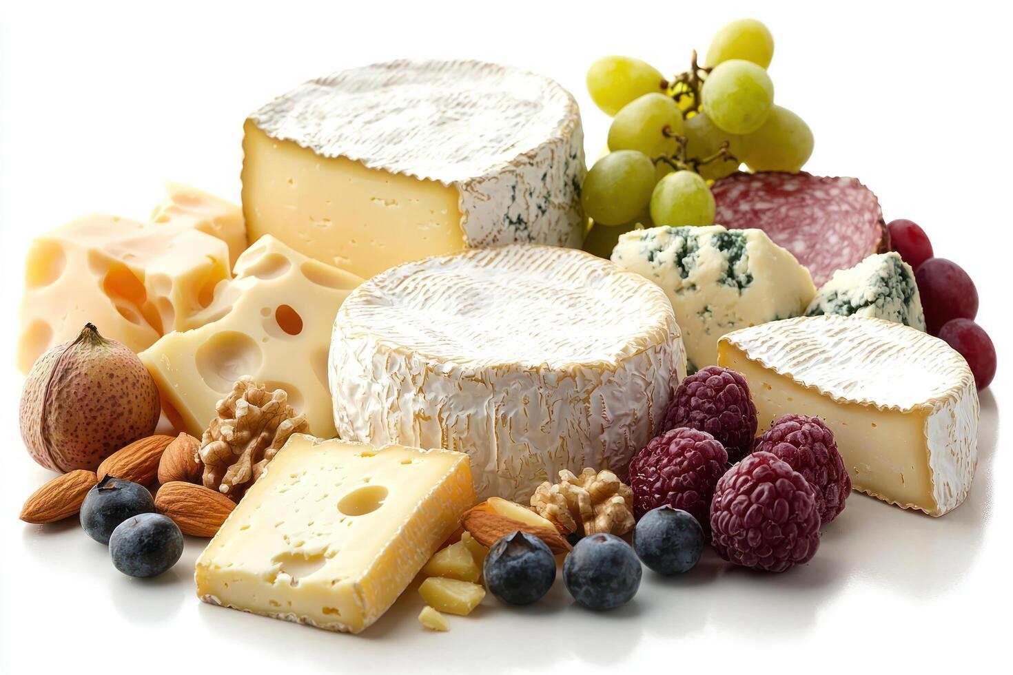 delightful artisanal cheese platter with variety of cheeses, fresh fruits, nuts, and cured meats, perfect for gourmet experience photo