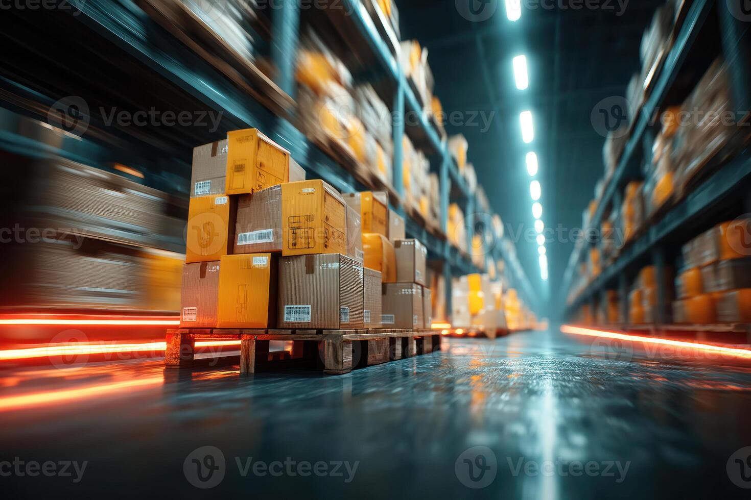 Dynamic warehouse scene with stacked boxes on pallets and vibrant light trails, showcasing modern logistics and storage photo