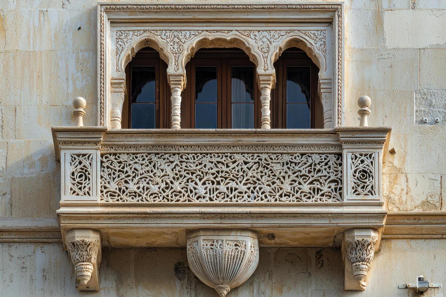 ornate stone balcony with intricate carvings and arched windows, showcasing traditional architectural elegance photo