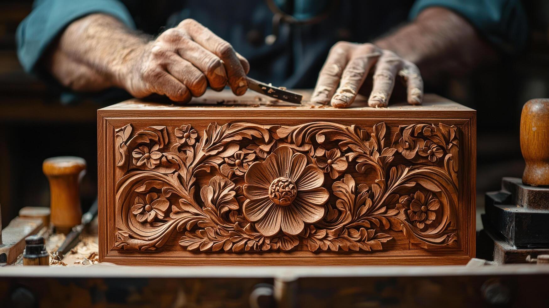 artisan meticulously carves intricate floral patterns on wooden box, showcasing artisanal craftsmanship and attention to detail in workshop photo