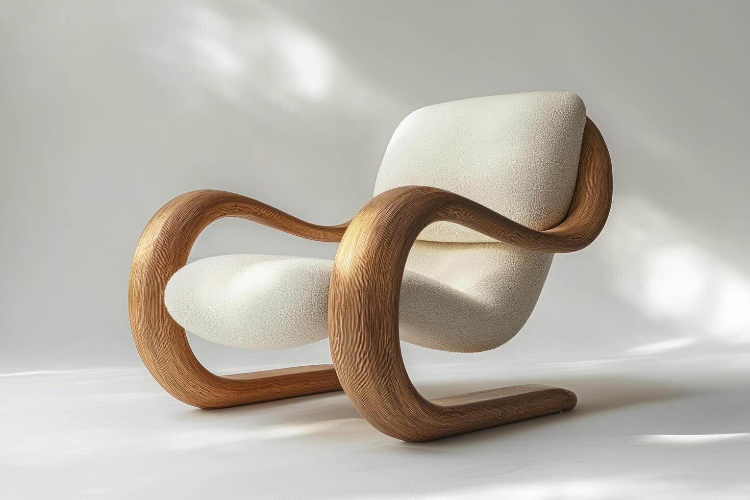 modern armchair with Bauhaus inspired design features curved wooden frame and soft white upholstery, exuding elegance photo
