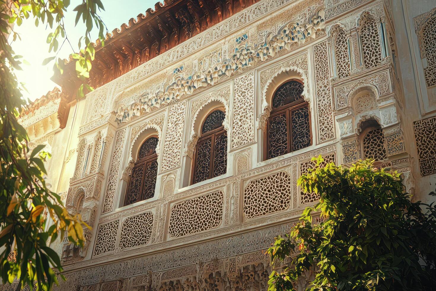 ornate facade of historic building with intricate carvings, arched windows, and lush greenery in sunlight photo