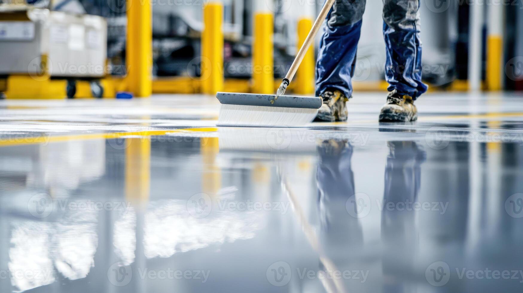 worker cleaning polished industrial floor with mop, reflecting surrounding environment. scene emphasizes cleanliness and maintenance professional photo