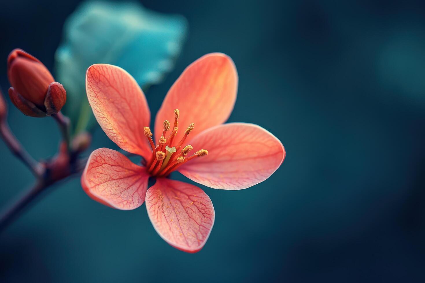 vibrant close up of orange flower with delicate petals and yellow stamens, set against soft, blurred teal background for artisanal touch photo