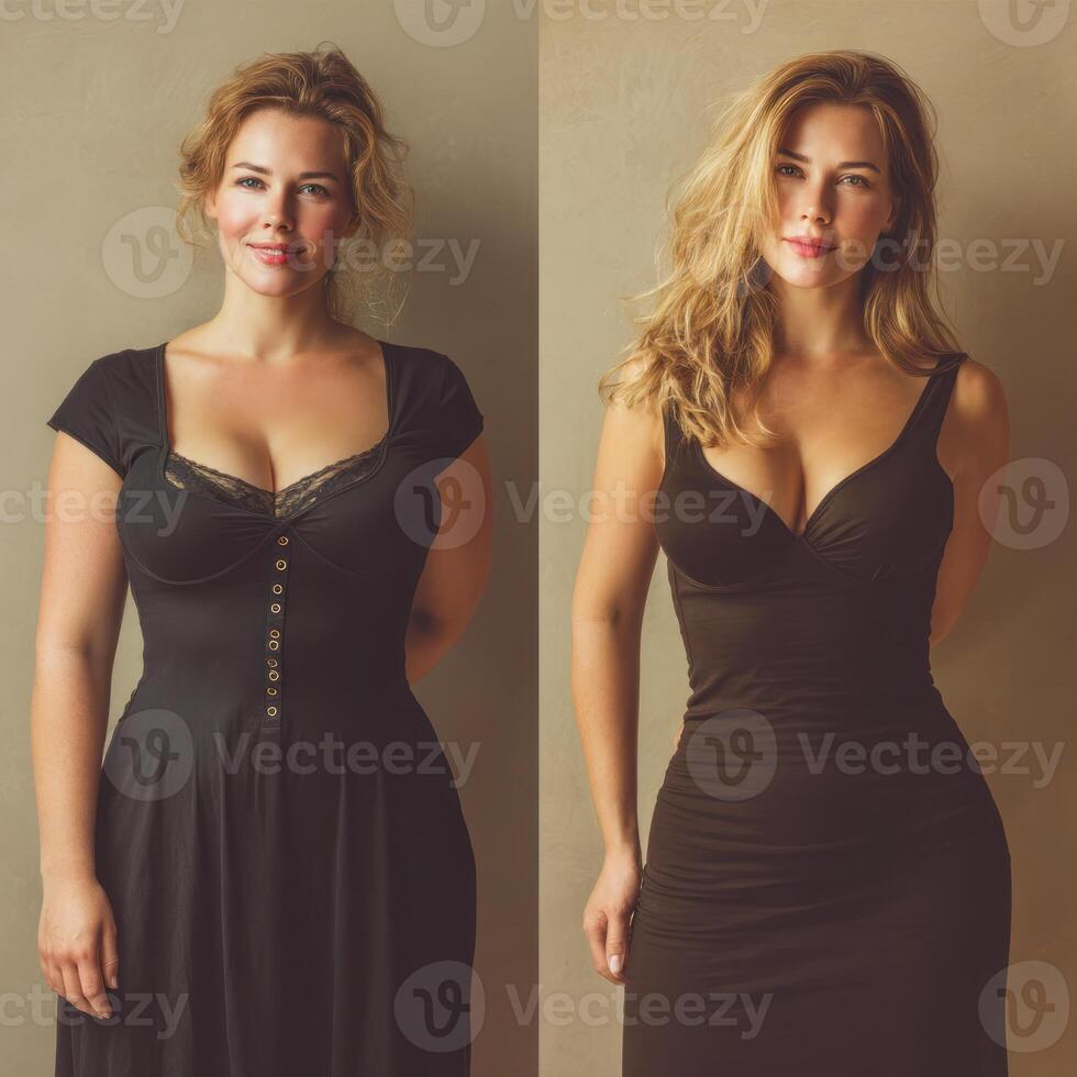 confident woman in stylish dresses showcases beauty and elegance, embodying healthcare and wellness photo