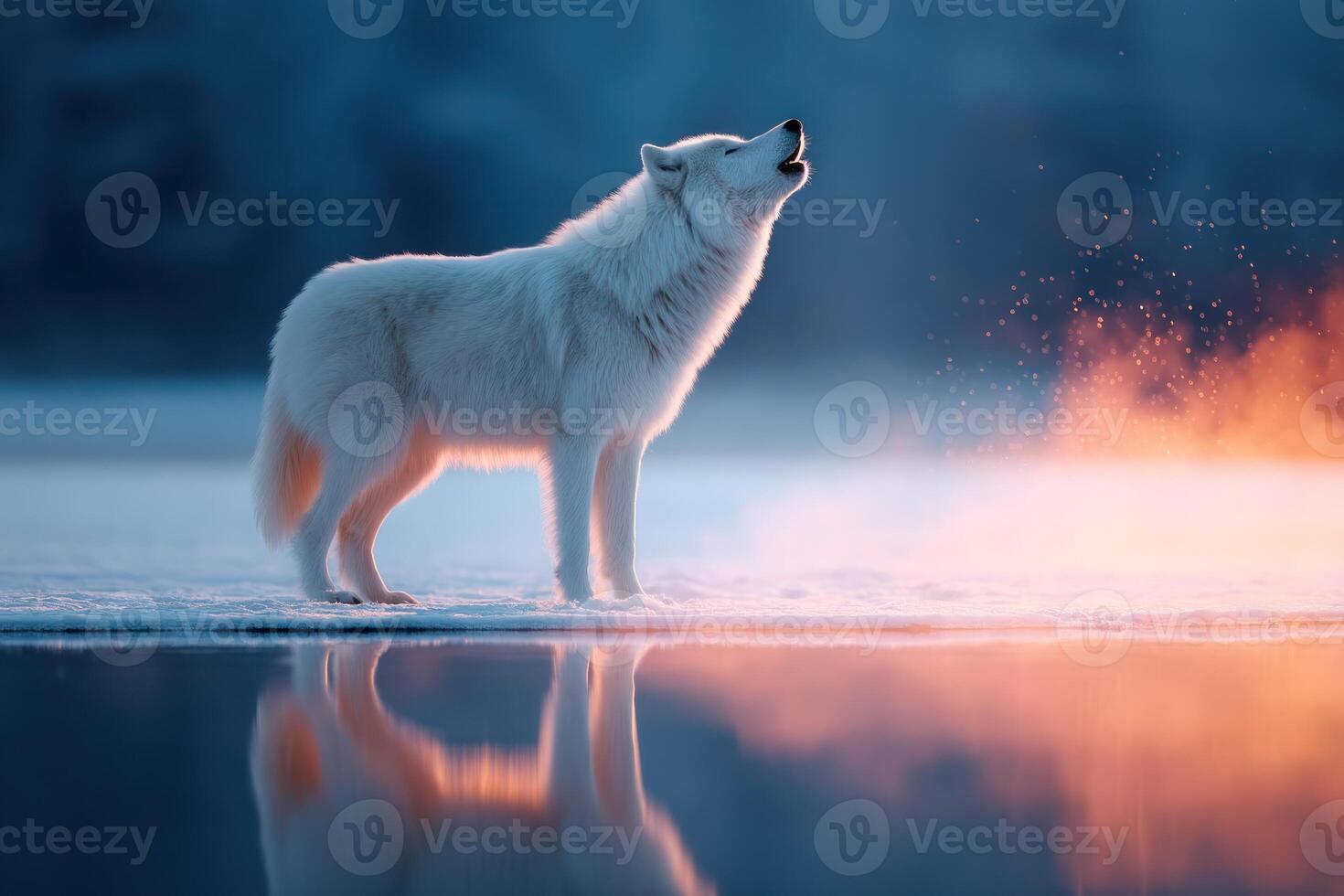 Majestic white wolf howling beside frozen lake, its reflection glowing with fiery spiritual energy photo