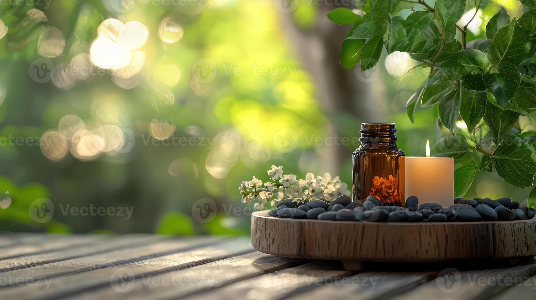 serene setup for relaxation and well being, featuring candle, essential oil bottle, and flowers wooden tray with smooth stones natural setting photo