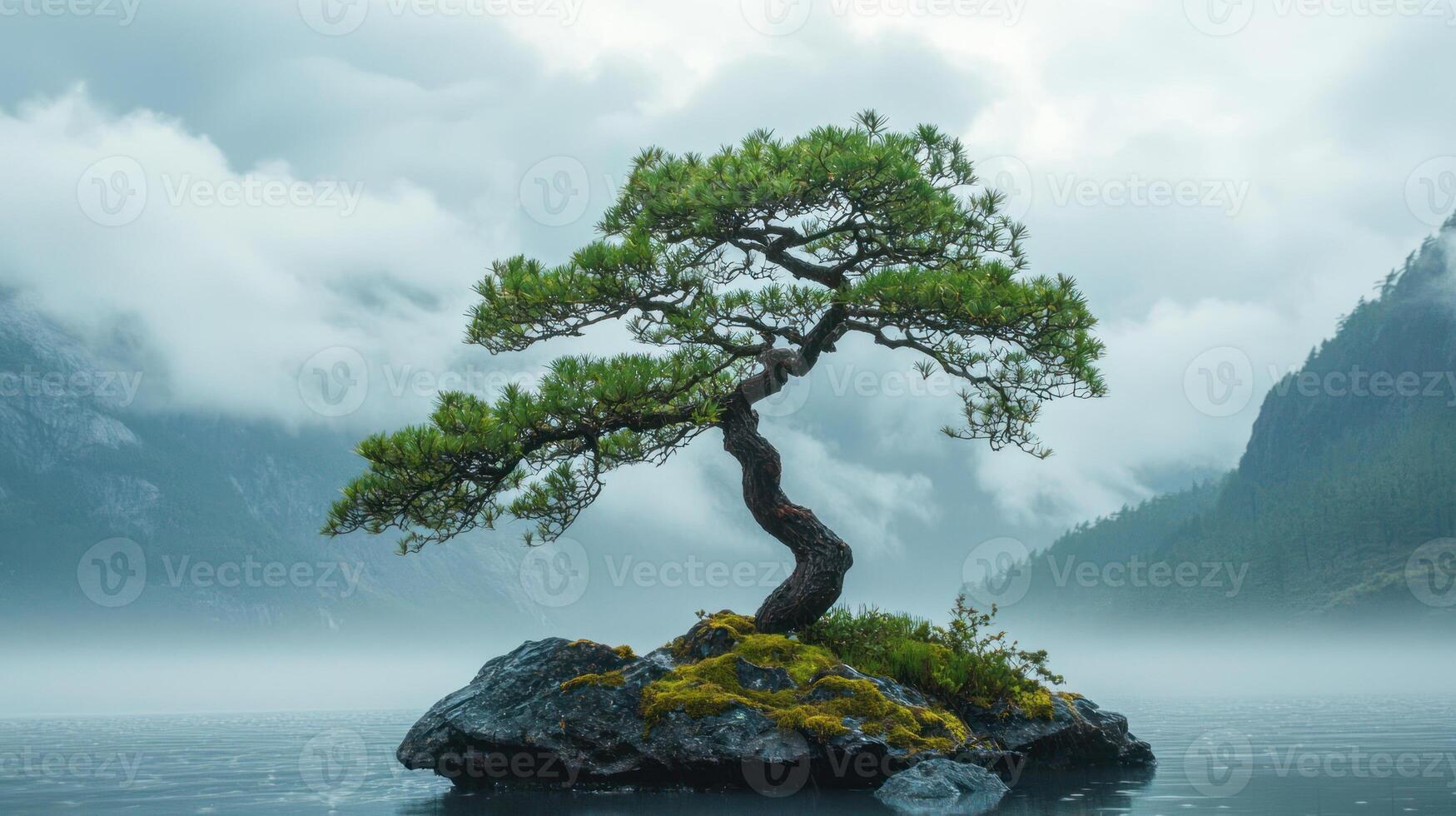 serene evergreen tree stands gracefully on moss covered rock in middle of calm lake, surrounded by misty mountains and tranquil atmosphere photo