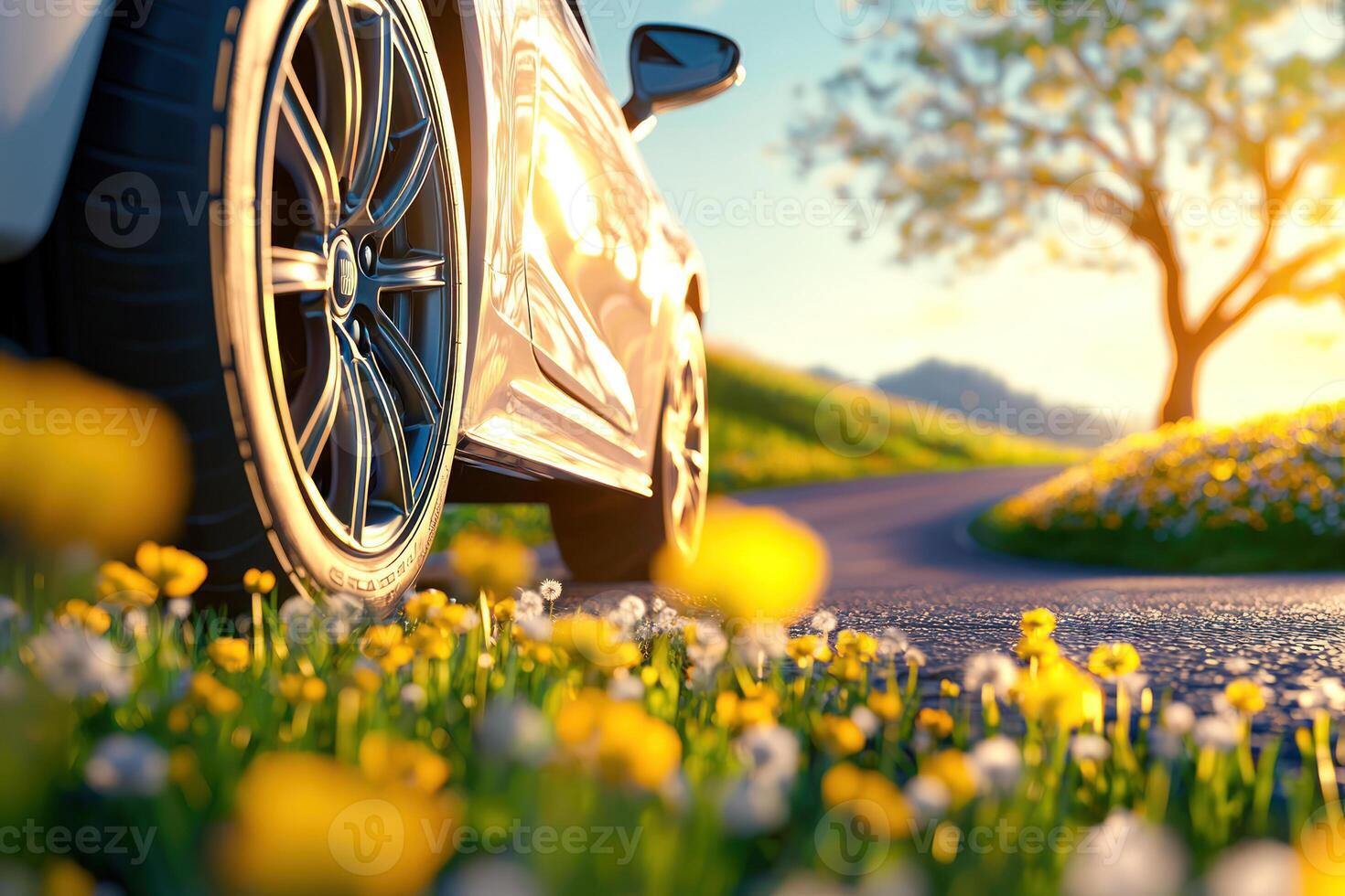 shiny car tire on sunny road surrounded by blooming dandelions and tulips, with tree and sun flare in background photo