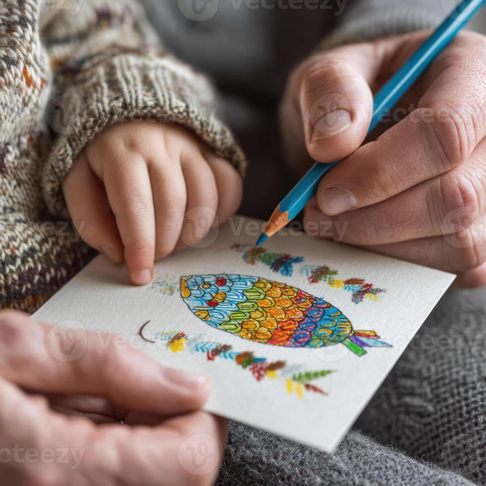 Creating beautiful moment for happy father day, child colors vibrant drawing with parent guiding their hand photo