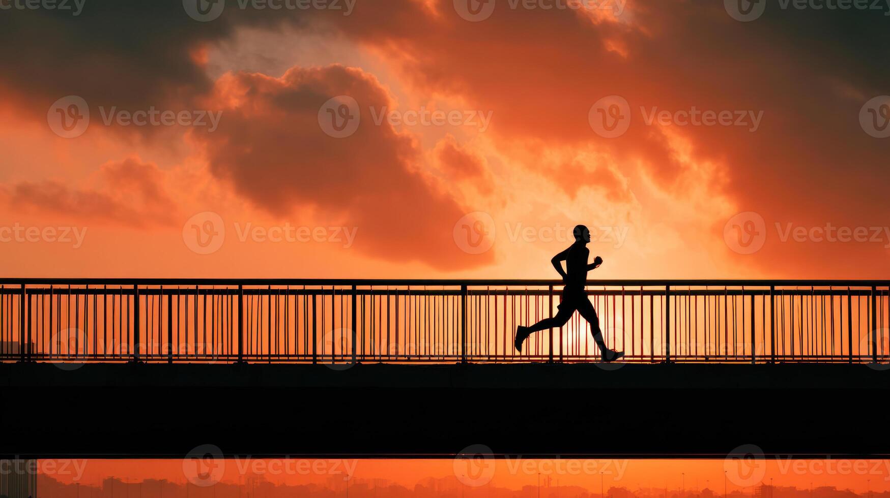 silhouette of person running on bridge during vibrant sunset, symbolizing fitness and determination photo