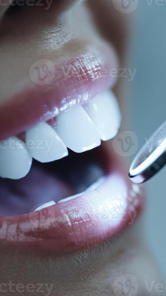 close up view of healthy smile showcasing bright white teeth during dental check up, emphasizing importance of healthcare photo
