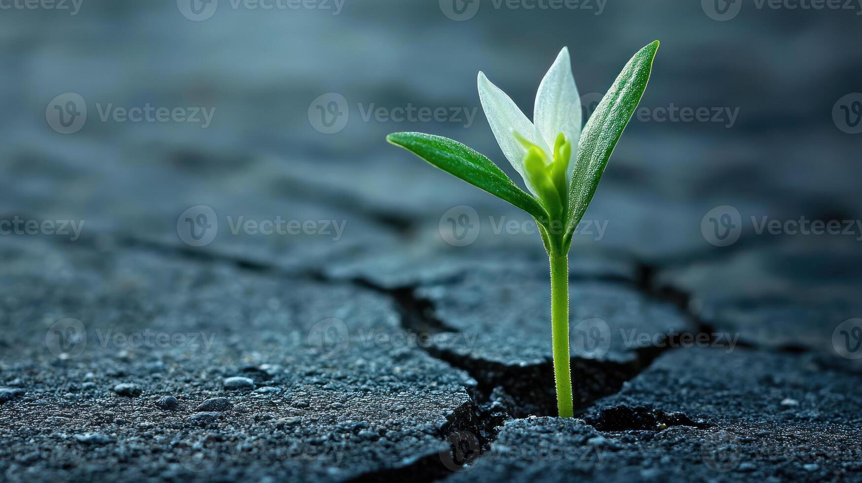 resilient green plant emerges through cracked asphalt, symbolizing hope, growth, and strength in adversity, with evergreen spirit of renewal photo