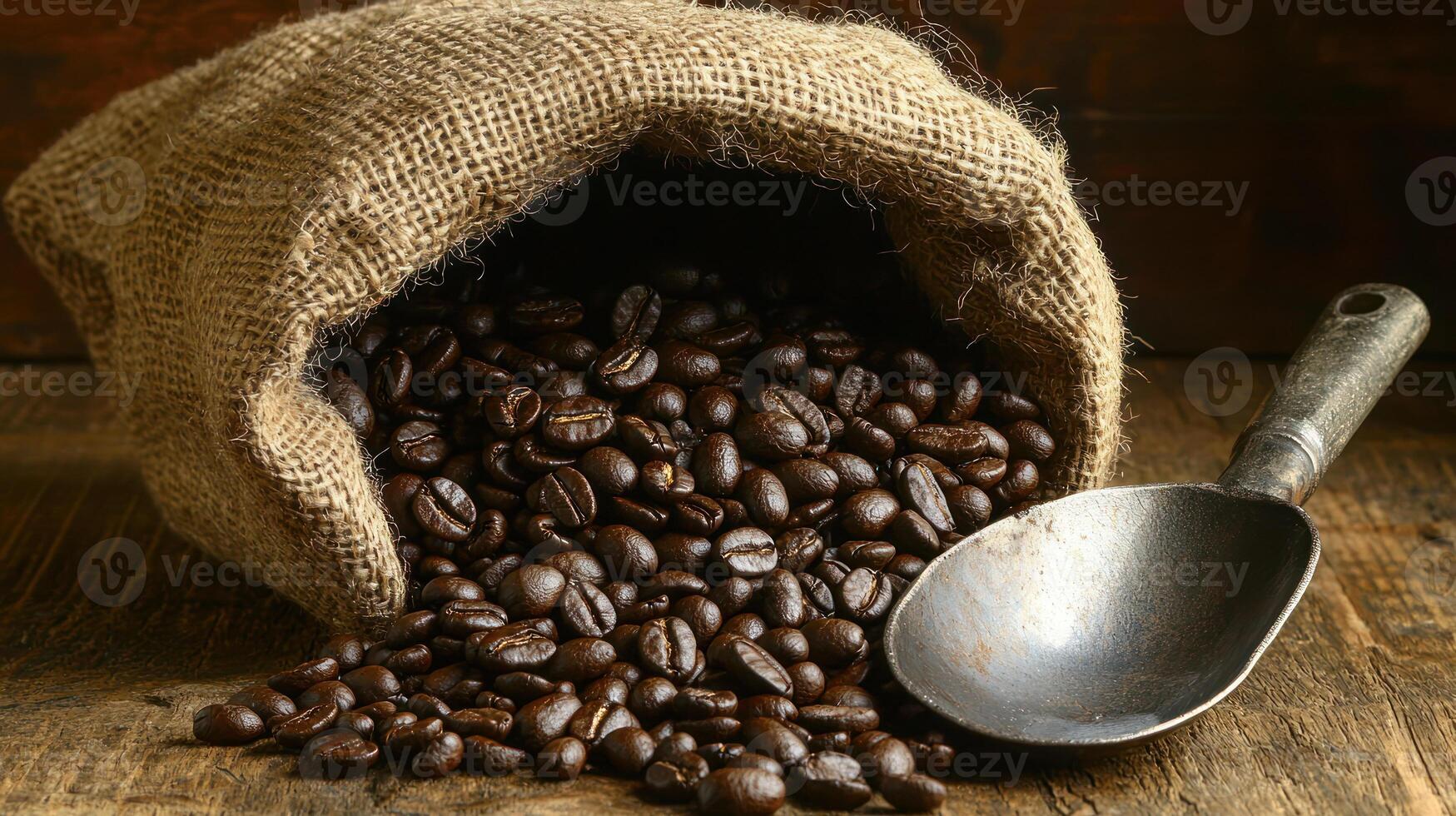 Freshly roasted coffee beans spilling from burlap sack with metal scoop nearby, creating rustic and warm ambiance photo