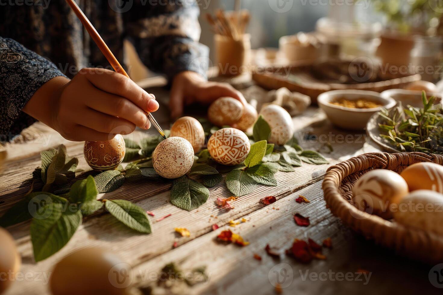 Close up of hands painting eggs with intricate designs, surrounded by leaves and petals wooden table, creating warm atmosphere photo