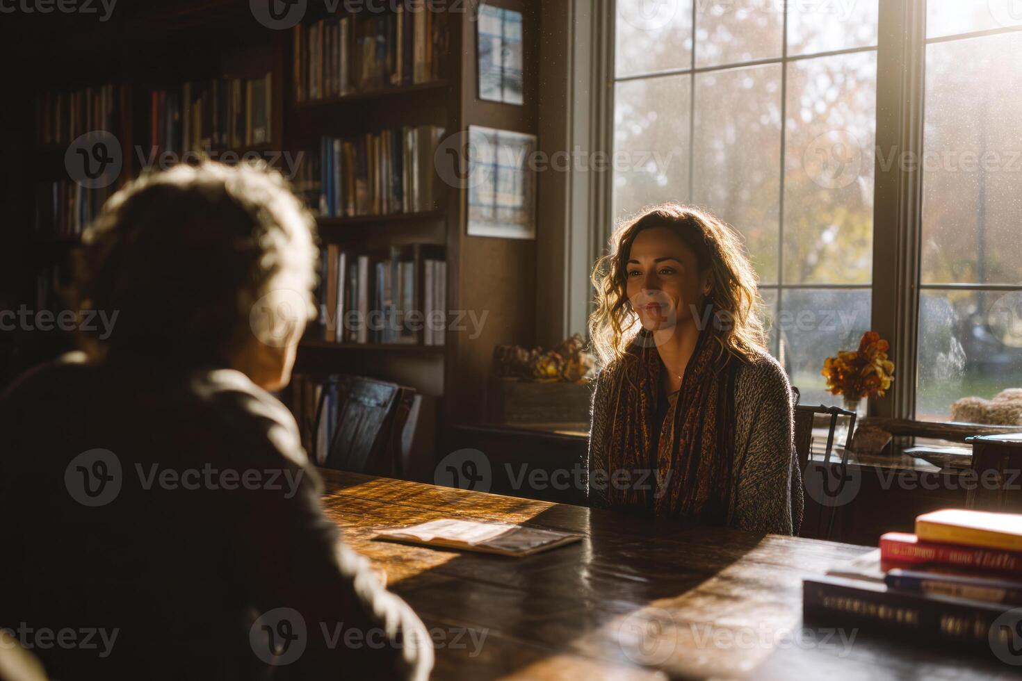 mentor offers guidance to mentee cozy library, illuminated by soft sunlight streaming through window, creating warm atmosphere photo