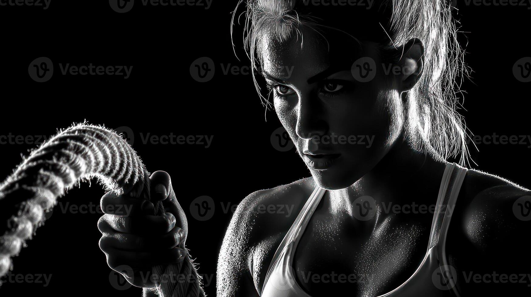 determined woman in fitness setting grips battle rope, her intense focus highlighted by dramatic lighting and sweat photo