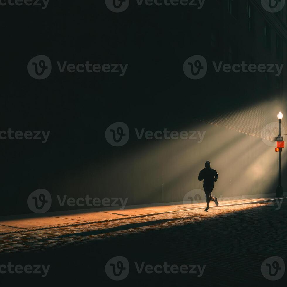 lone runner in dimly lit urban street, illuminated by single streetlight, creates dramatic fitness scene photo