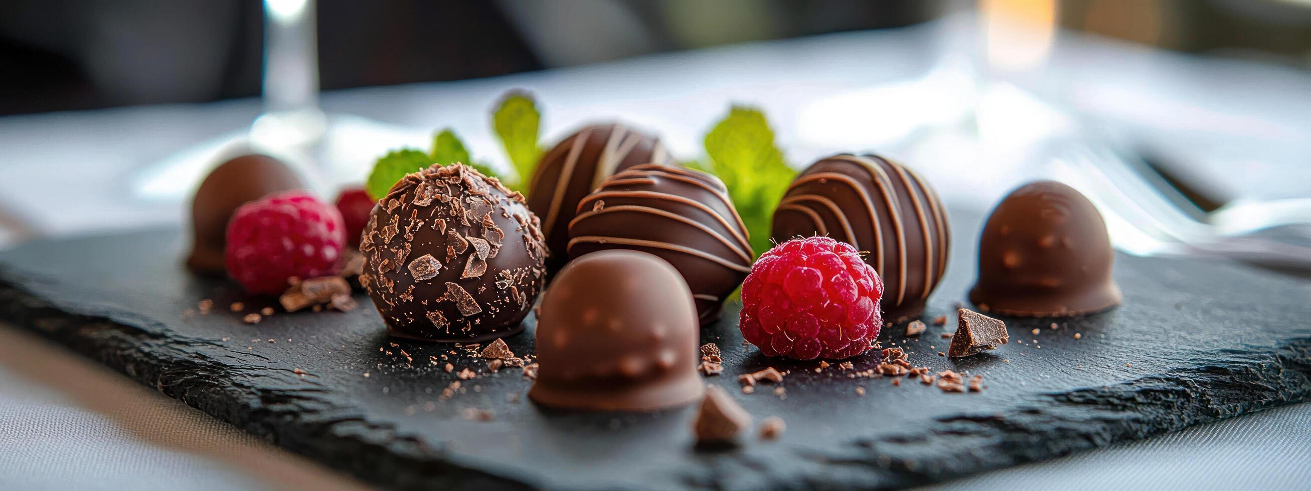 Artisanal chocolate truffles with raspberries and mint leaves on slate plate create luxurious and indulgent dessert presentation photo