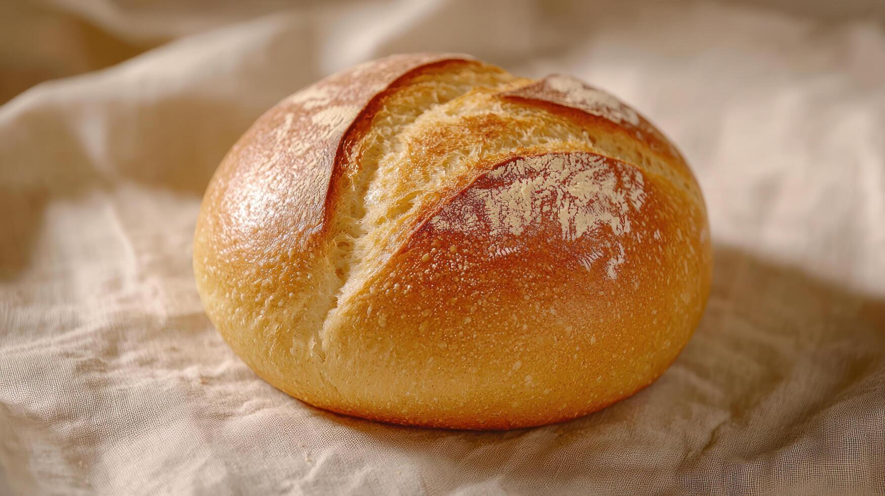 freshly baked artisanal round bread with golden crust and rustic scoring, resting on soft beige cloth, exuding warmth and simplicity photo