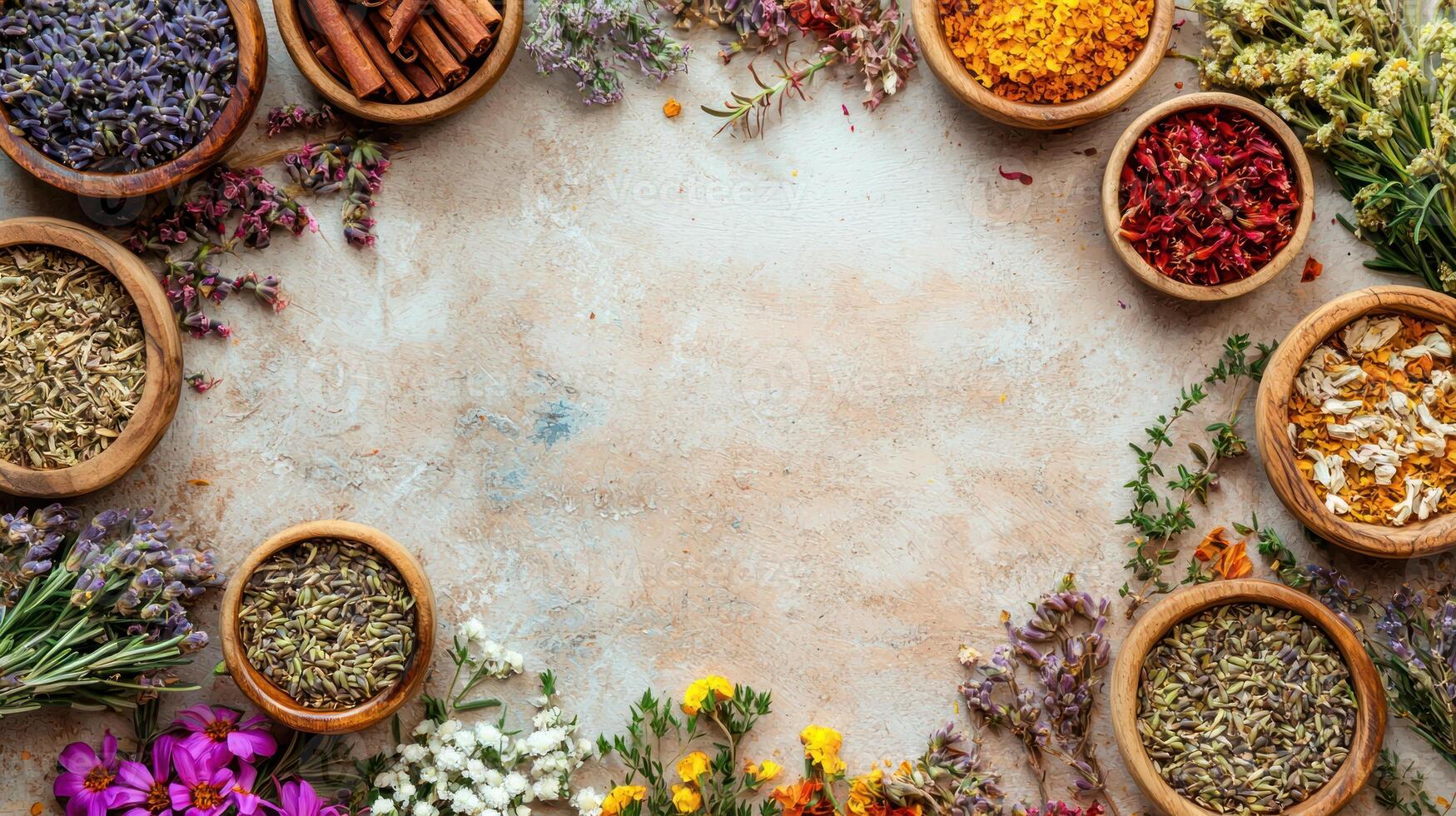 vibrant arrangement of dried herbs and flowers in wooden bowls, symbolizing natural health and well being, placed on rustic surface photo