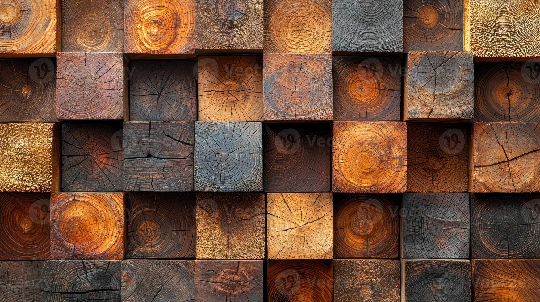 Wooden blocks with natural textures arranged geometric pattern, showcasing diverse grain details and earthy tones, symbolizing eco friendly design photo